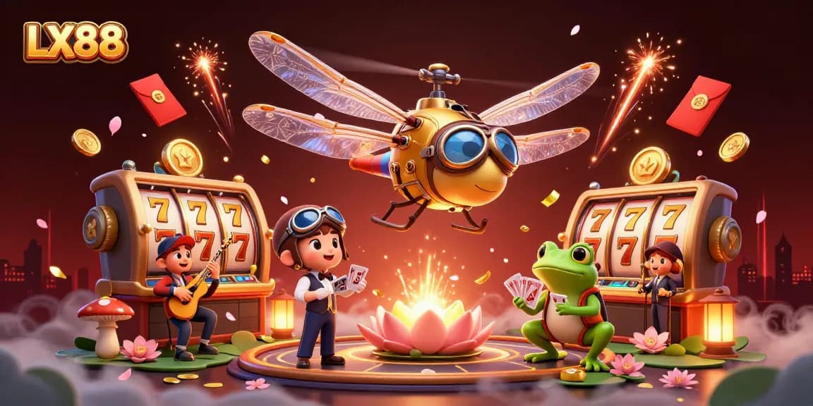 Experience dynamic casino gaming with LX88's vibrant dragonfly pilot and frog dealer in this lively illustration.