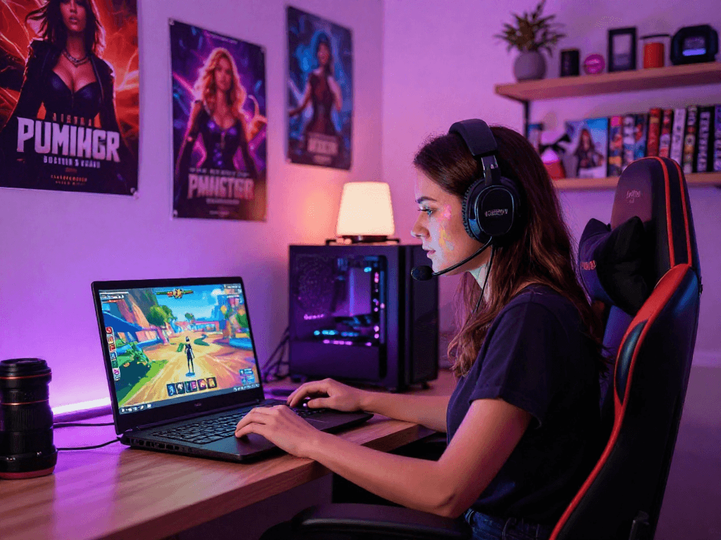 Engaging scene of a woman playing a female porn game in her colorful gaming setup, showcasing female-led narratives.