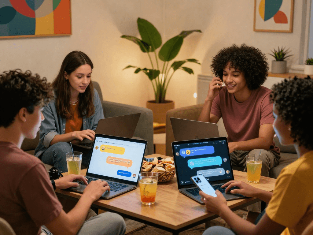 Exciting scene of friends using spicy chat ai interface in a cozy setting, showcasing vibrant chats and connections.