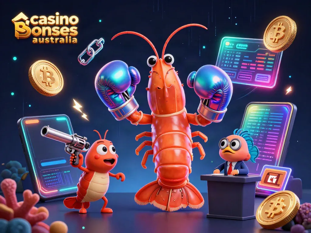 Experience the thrill of casino bonuses Australia with a dynamic 3D illustration featuring vibrant characters and cryptocurrency elements.