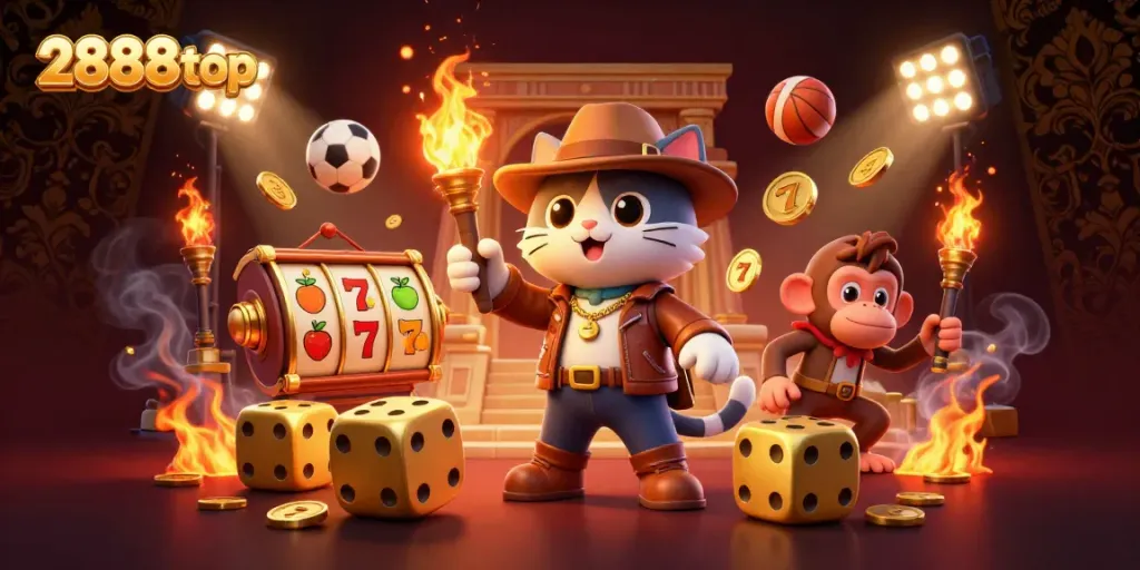 Experience thrilling winnings at 2888top as a cat explorer uncovers casino treasures amidst dynamic game elements.