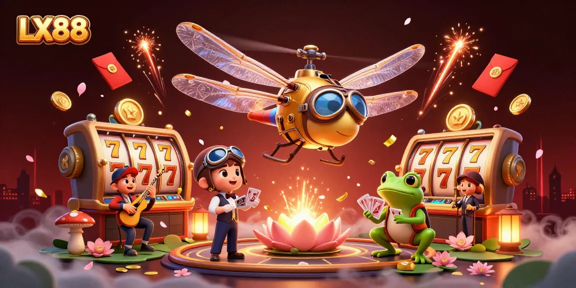 Experience dynamic casino gaming with LX88's vibrant dragonfly pilot and frog dealer in this lively illustration.