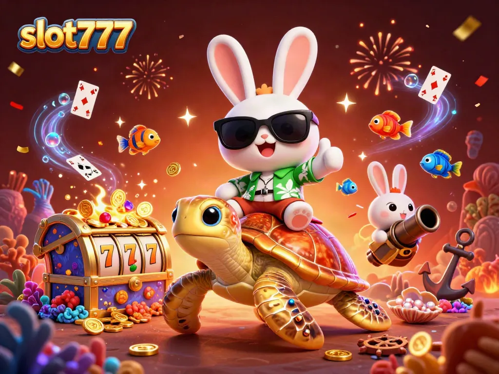 Play exciting slot777 games with a lucky rabbit and giant turtle amid a colorful circus.