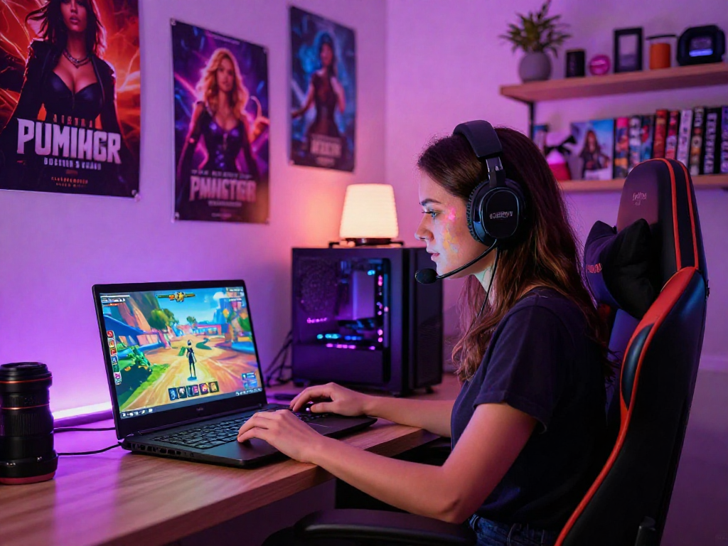 Engaging scene of a woman playing a female porn game in her colorful gaming setup, showcasing female-led narratives.