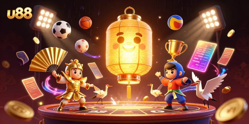 Experience thrilling u88 casino moments with a vibrant 3D illustration showcasing energetic characters and colorful game elements.
