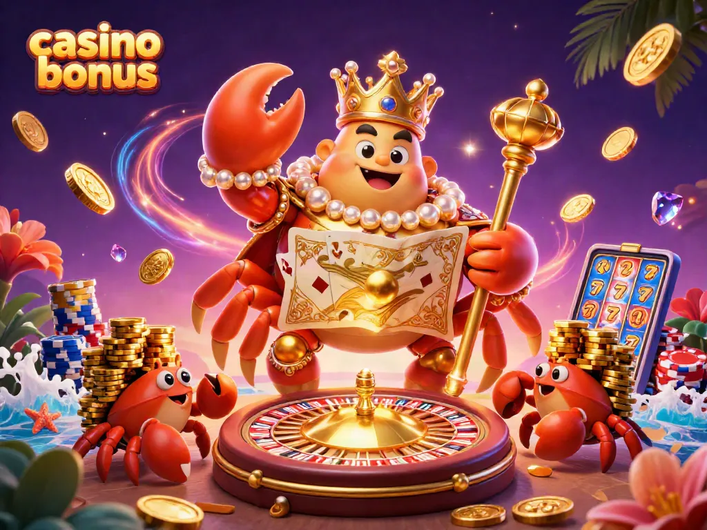 Engage in casino bonus adventures with a golden crab emperor amidst a vibrant gaming scene.