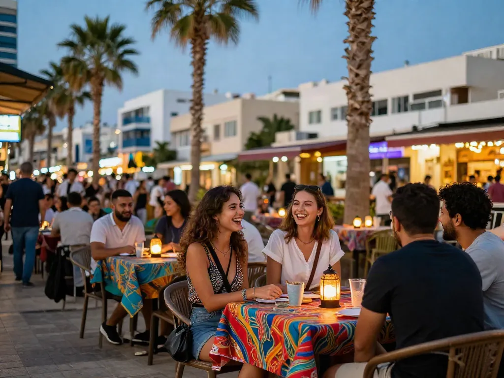 Engaging night scene with stylish young women enjoying vibrant nightlife in Tel Aviv, נערות ליווי בתל אביב.