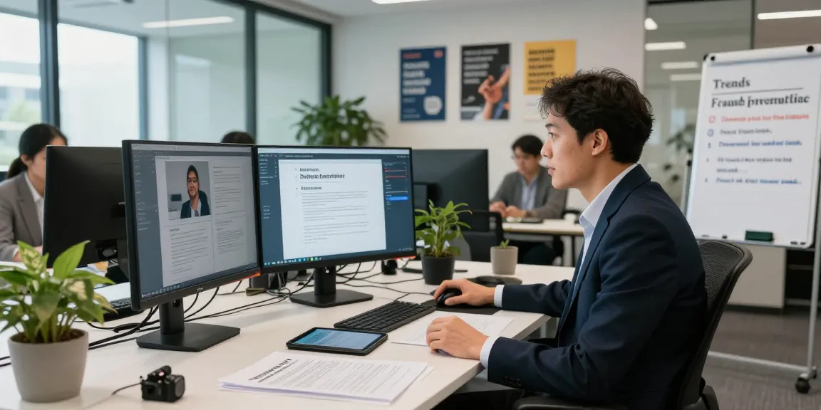 Document fraud detection tools displayed on multiple screens in a professional workspace, showcasing data analytics and team collaboration.