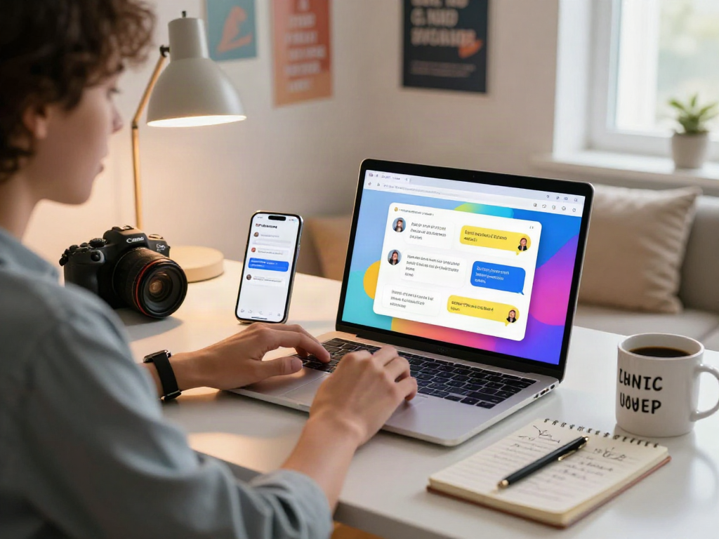 Interact with an AI NSFW chat in a cozy home office.