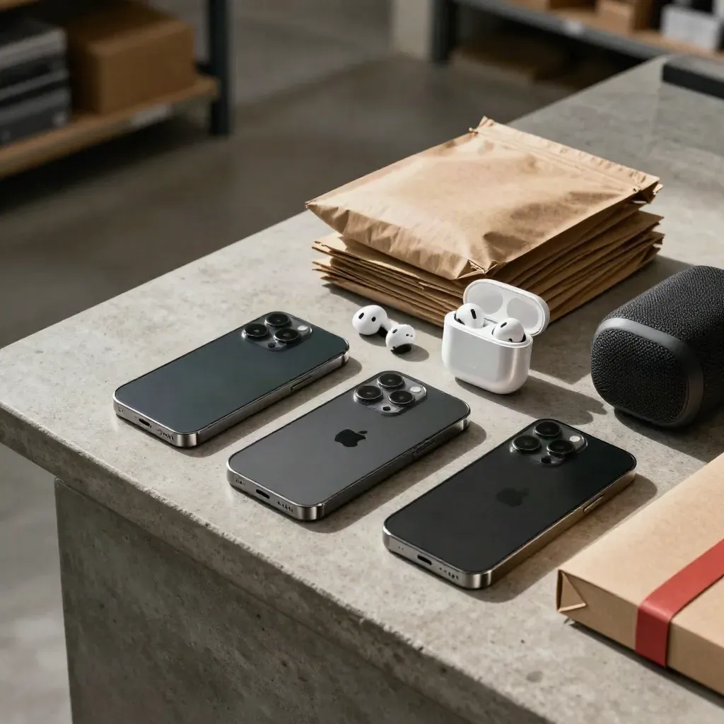 Tre smartphone, due auricolari e un piccolo speaker su pacchi neutri in alto, su banco di pietra.