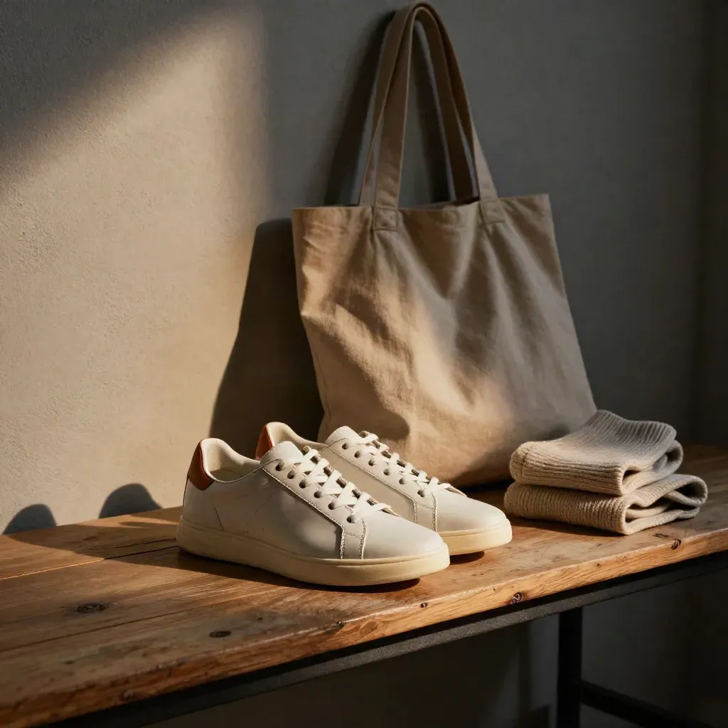 Coppia di sneaker, tote e giacca su una panca da camerino al tramonto, luce calda e parete grezza.