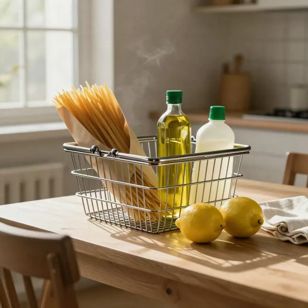 Cestino metallico con pasta, olio, sapone e limoni su tavolo di cucina, luce mattutina morbida