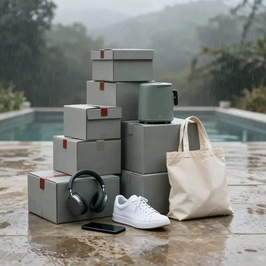 Scatole e-commerce, sneaker, cuffie e smartphone su terrazzo bagnato dopo un temporale estivo.
