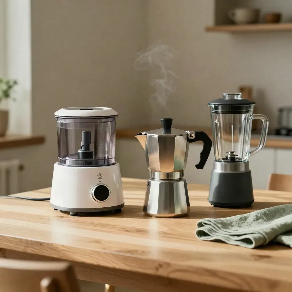 Robot da cucina, moka e mini frullatore pronti su tavolo in rovere con luce calda