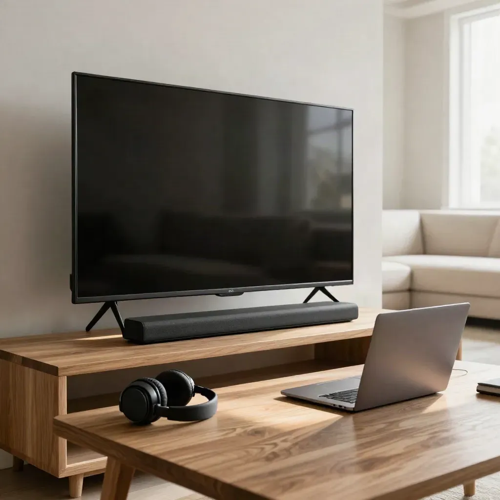 Televisore spento, soundbar, cuffie e laptop chiuso in un salotto chiaro illuminato dal pomeriggio.
