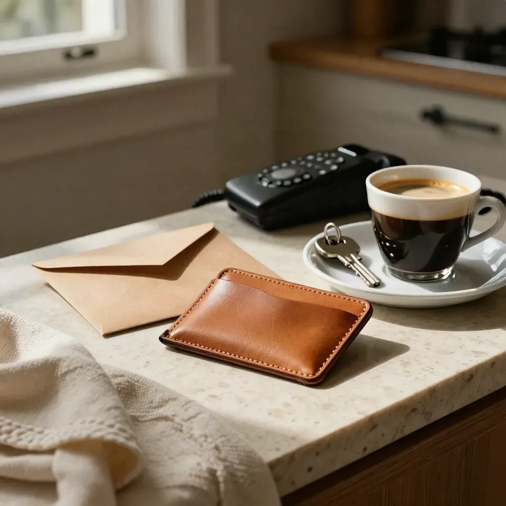 Portacarte in pelle, busta kraft, chiavi e telefono spento accanto a caffè freddo su travertino.