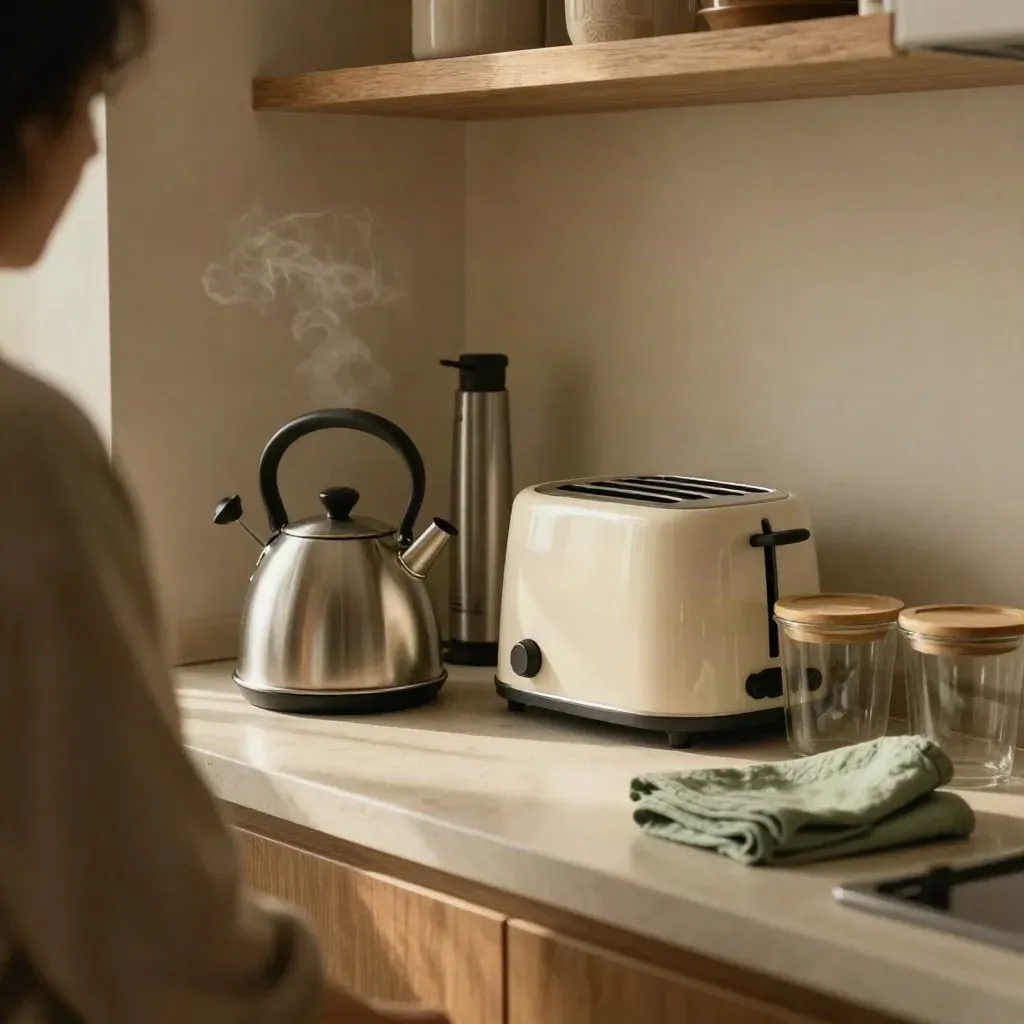 Elettrodomestici da cucina in una mattina silenziosa, con vapore leggero e luce calda.