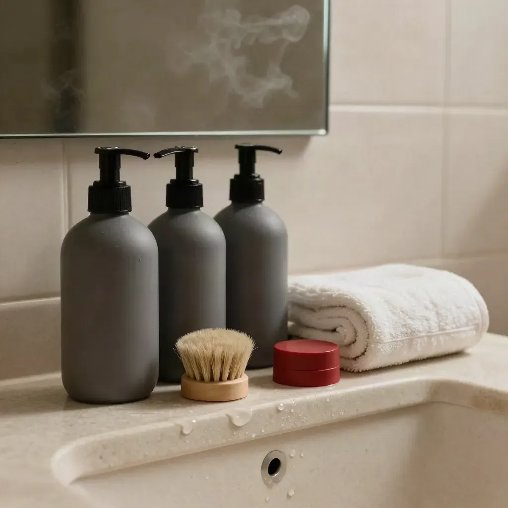 Flaconi opachi, spazzola, asciugamano arrotolato e trousse vicino al lavabo, con gocce e vapore.