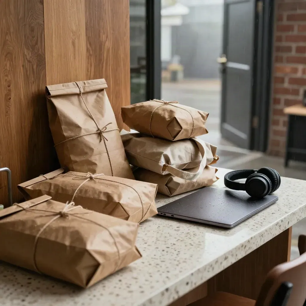 Pacchi kraft, tote bag, laptop chiuso e cuffie su tavolo d’ingresso, luce di novembre