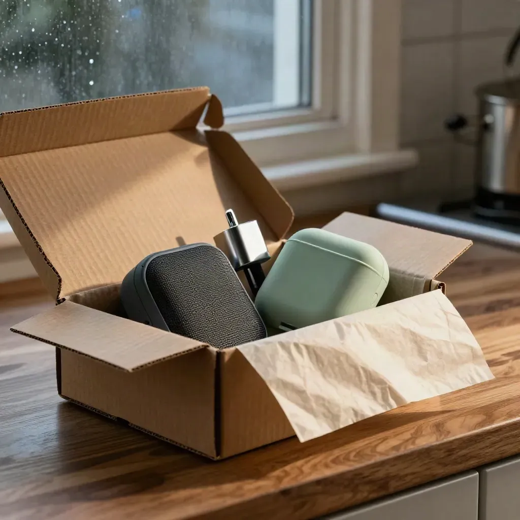 Scatola e-commerce aperta con speaker, caricatore e custodia in silicone su piano cucina.