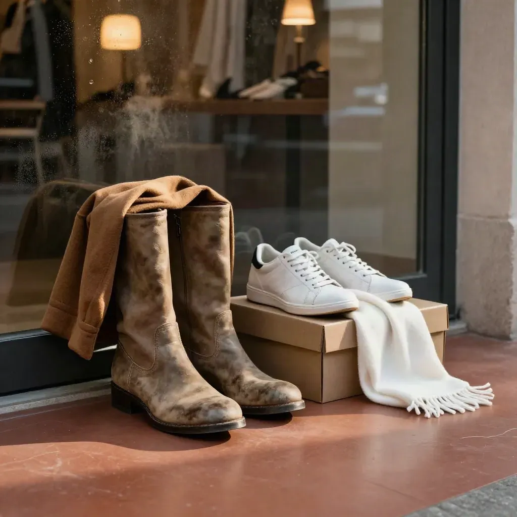 Scarponcini, cappotto, scatola di sneakers e sciarpa sul pavimento vicino a una porta finestra appannata.