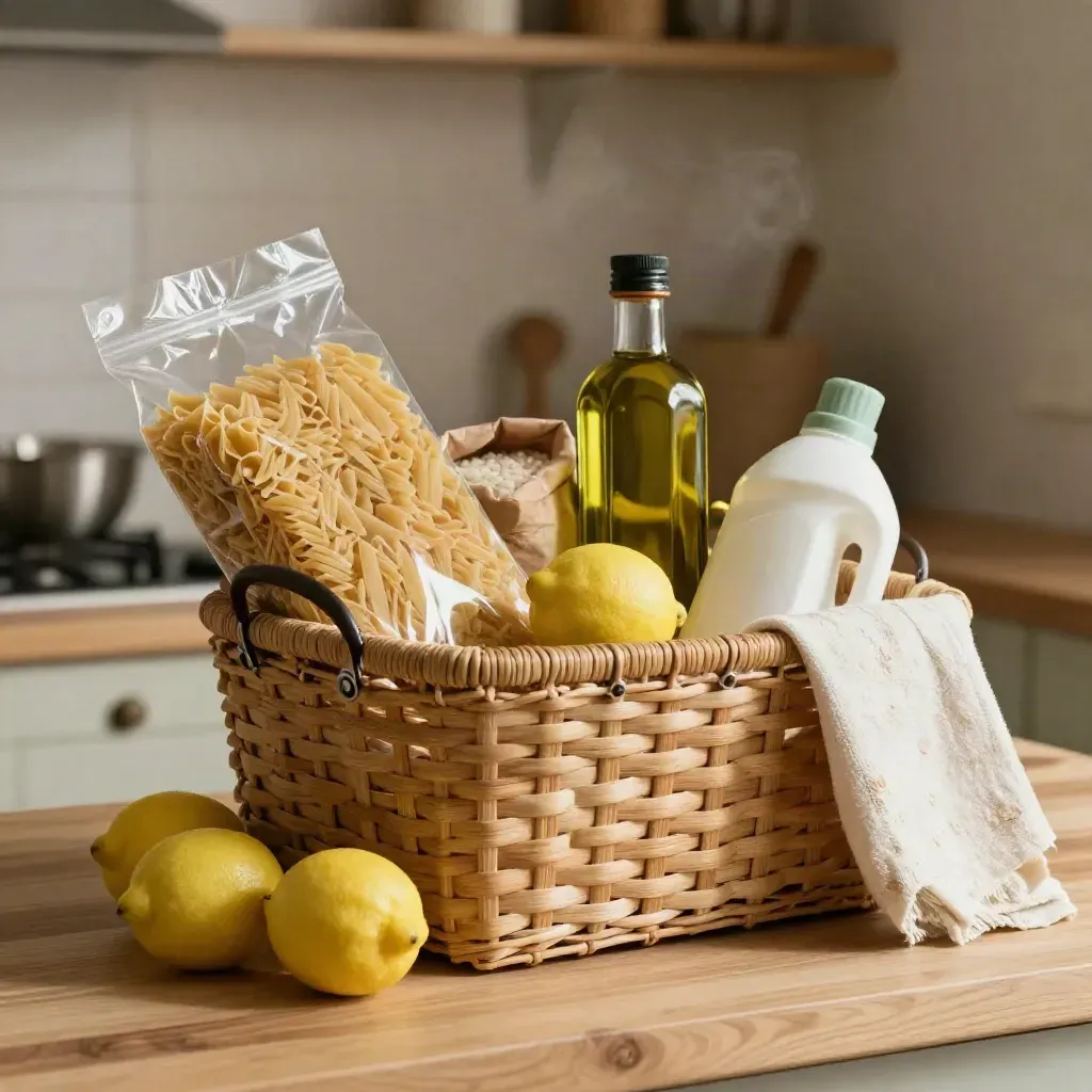 Cestino della spesa con pasta, riso, olio, limoni e detergente su tavolo di cucina.