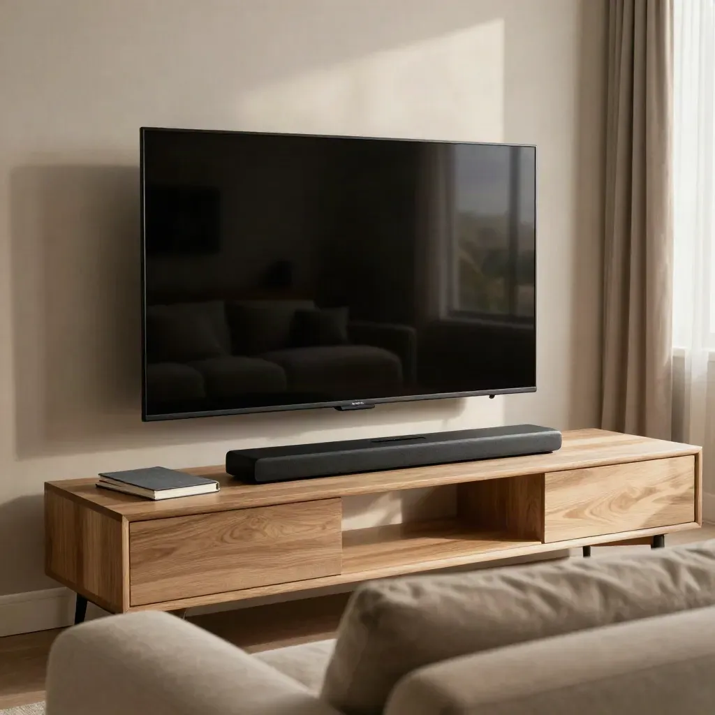 TV spento, notebook chiuso e soundbar allineati in un salotto luminoso davanti al divano.