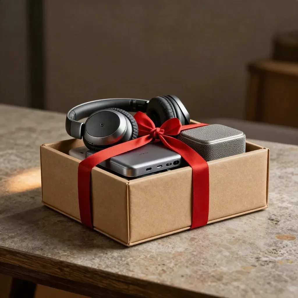 Scatola regalo con cuffie, power bank e speaker, chiusa con nastro rosso