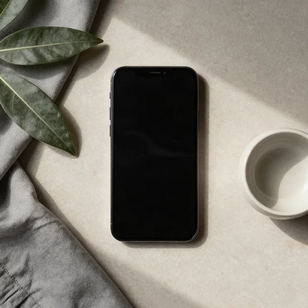 Smartphone nero con avviso luminoso, foglia di ficus, tessuto piegato e ciotola crema dall’alto.