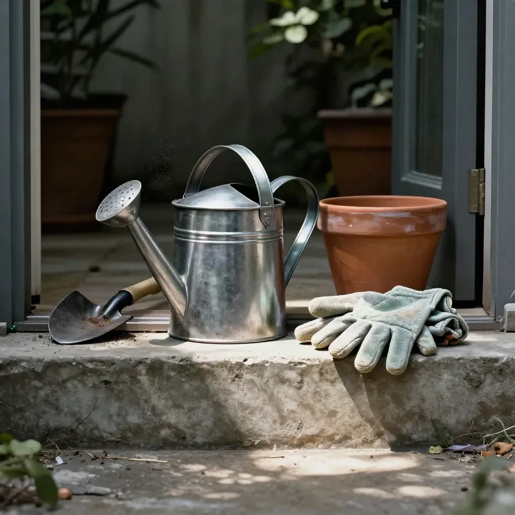 Annaffiatoio, pala, vaso di terracotta e guanti vicino alla porta del patio