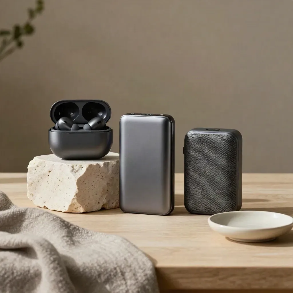 Auricolari, power bank e mini speaker su legno chiaro con blocco di pietra e lino greige.
