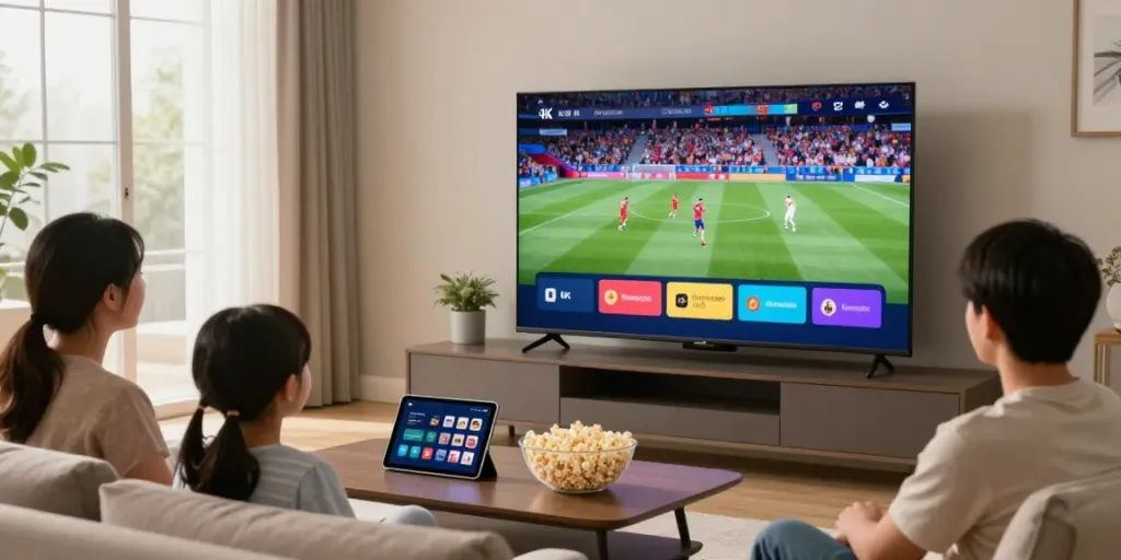 Family streaming iptv italia in 4K on a modern TV in cozy living room.