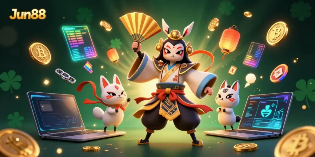 Engage with Jun88's thrilling online gaming via vibrant 3D casino illustration featuring unique characters and gaming symbols.