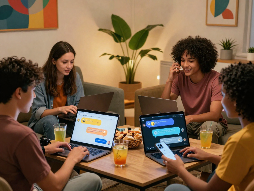 Exciting scene of friends using spicy chat ai interface in a cozy setting, showcasing vibrant chats and connections.