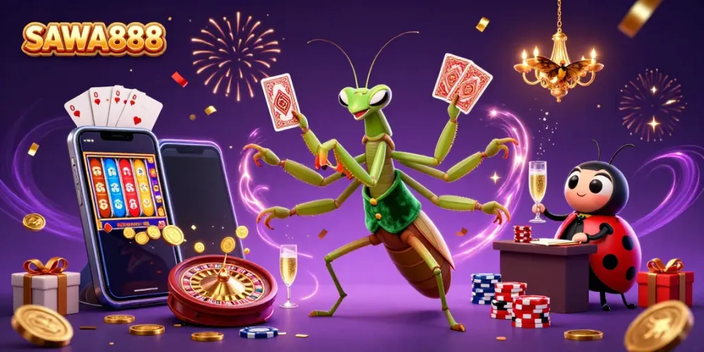 Engage in thrilling gaming action with SAWA888 illustrated by dynamic casino characters.