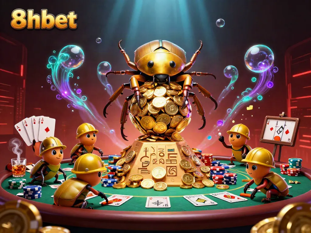 Experience captivating gameplay at 8xbet with a vibrant scene of golden beetles and poker action.