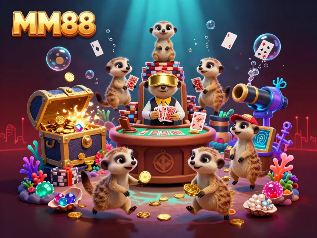 Experience the excitement of MM88 in a vibrant casino scene with meerkats and underwater treasures.