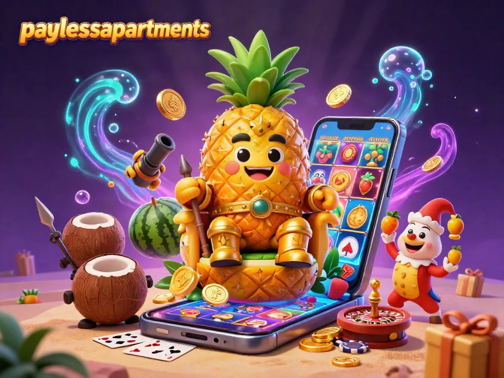 Maximize winnings with paylessapartments in a vibrant casino scene featuring a cartoon pineapple king.