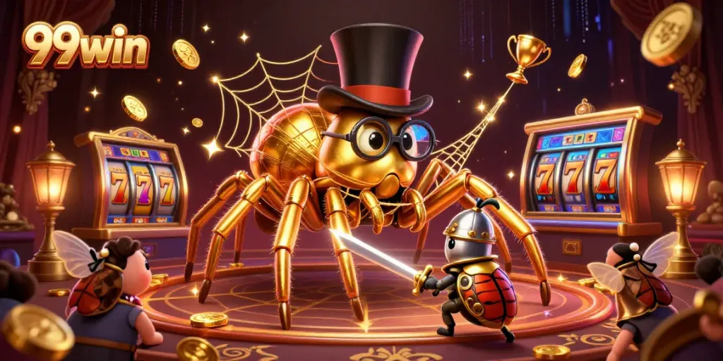 Engage with 99win’s thrilling gameplay featuring a golden tarantula weaving casino threads.
